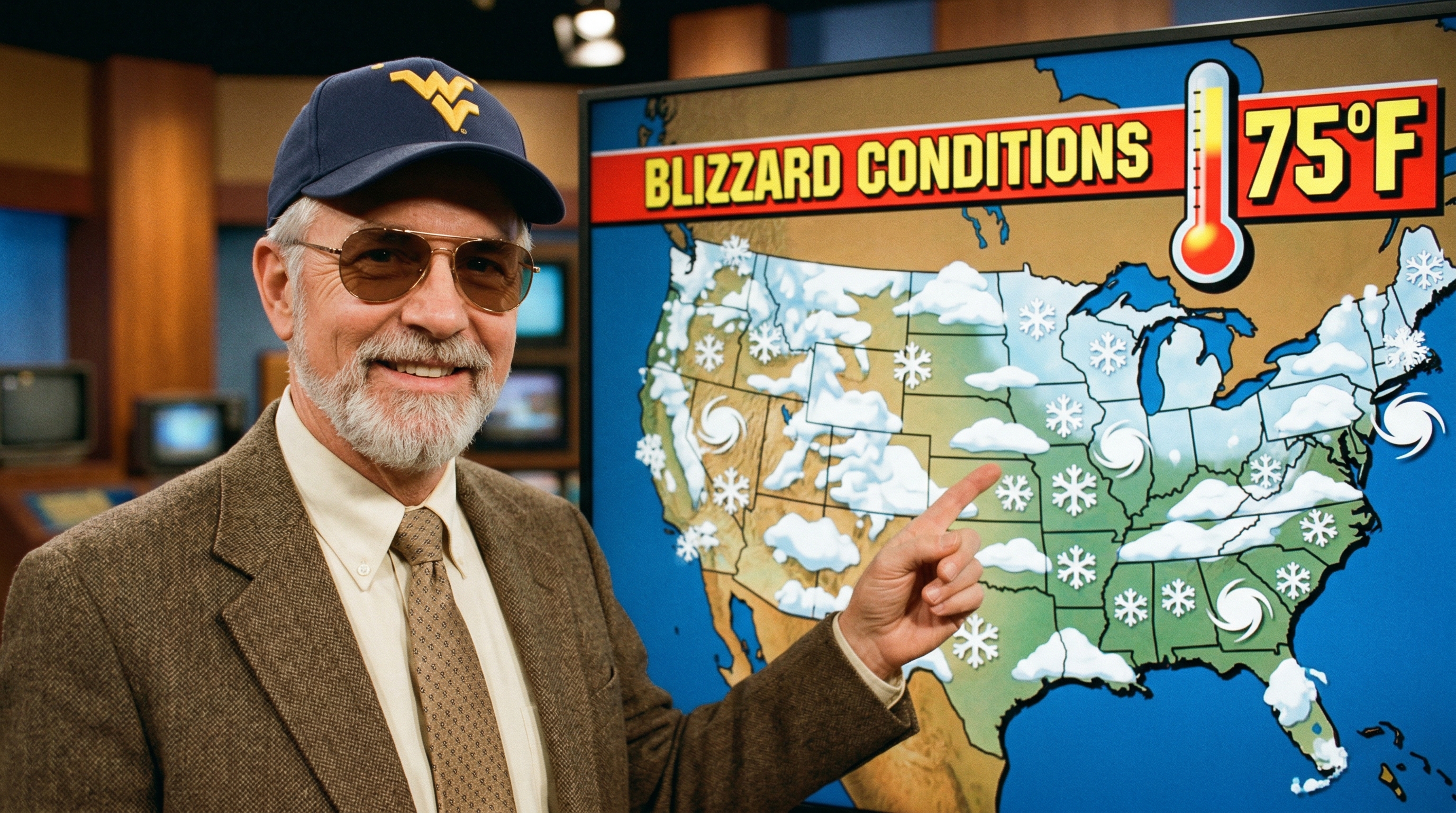 George the weatherman standing in front of a map showing 75°F and blizzard conditions